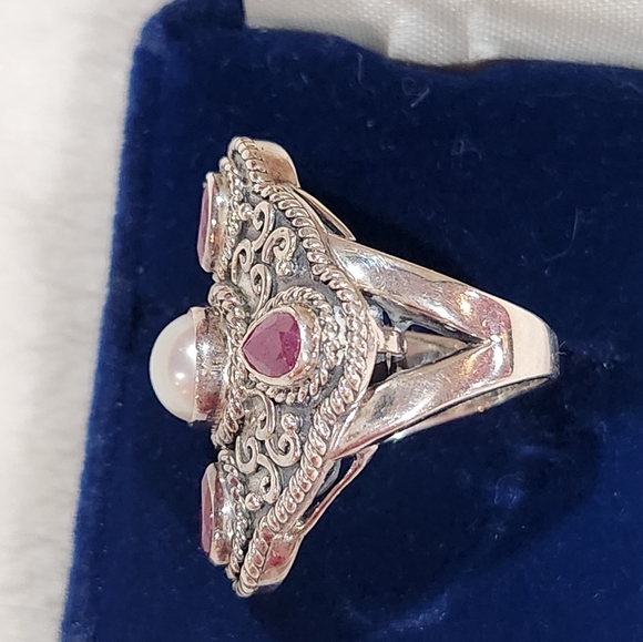 Bangkok Ratnaraj Sterling Silver Ring with Genuine Ruby & Button Pearl - Picture 6 of 7